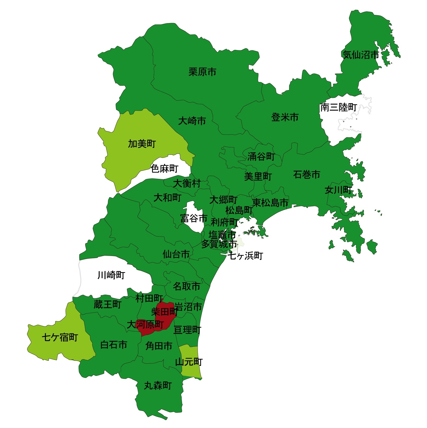 犯罪遭遇率の色分け地図・宮城県