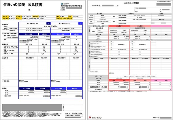 代理店Aから届いた、東京海上日動と損保ジャパンの見積書