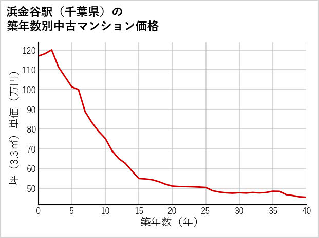 浜金谷駅（千葉県）の築年数別の中古マンション坪単価